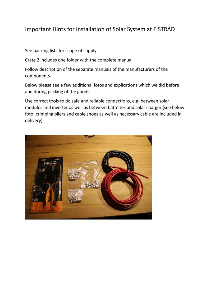 Important Hints for Installation of Solar System at FISTRAD